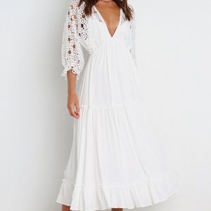 White Maxi Length Dress - V Neckline - Long Sleeves - Lace - Ruffled - Lined